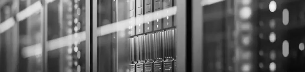 Close-up of server hardware in a data center.